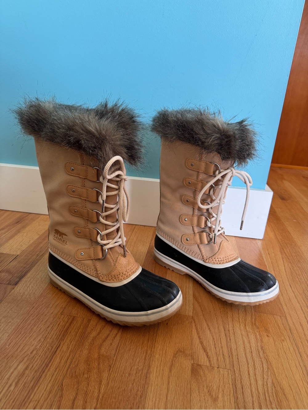 Sorel Joan of Arctic Two-Tone Lace-Up Waterproof Leather Boots in Tan and Black